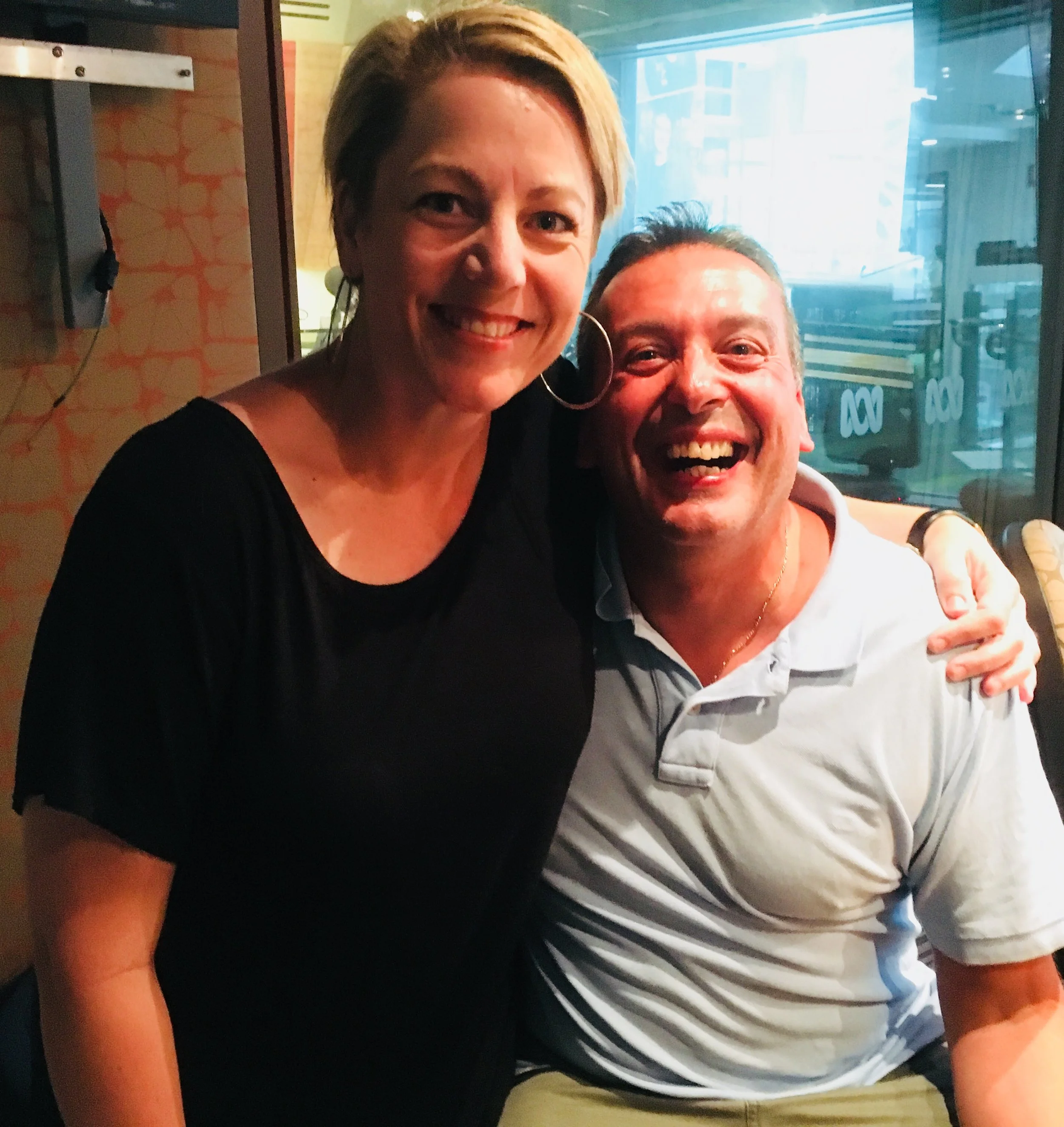 Nelly here with Christos Tsiolkas at Radio National studios, Melbourne
