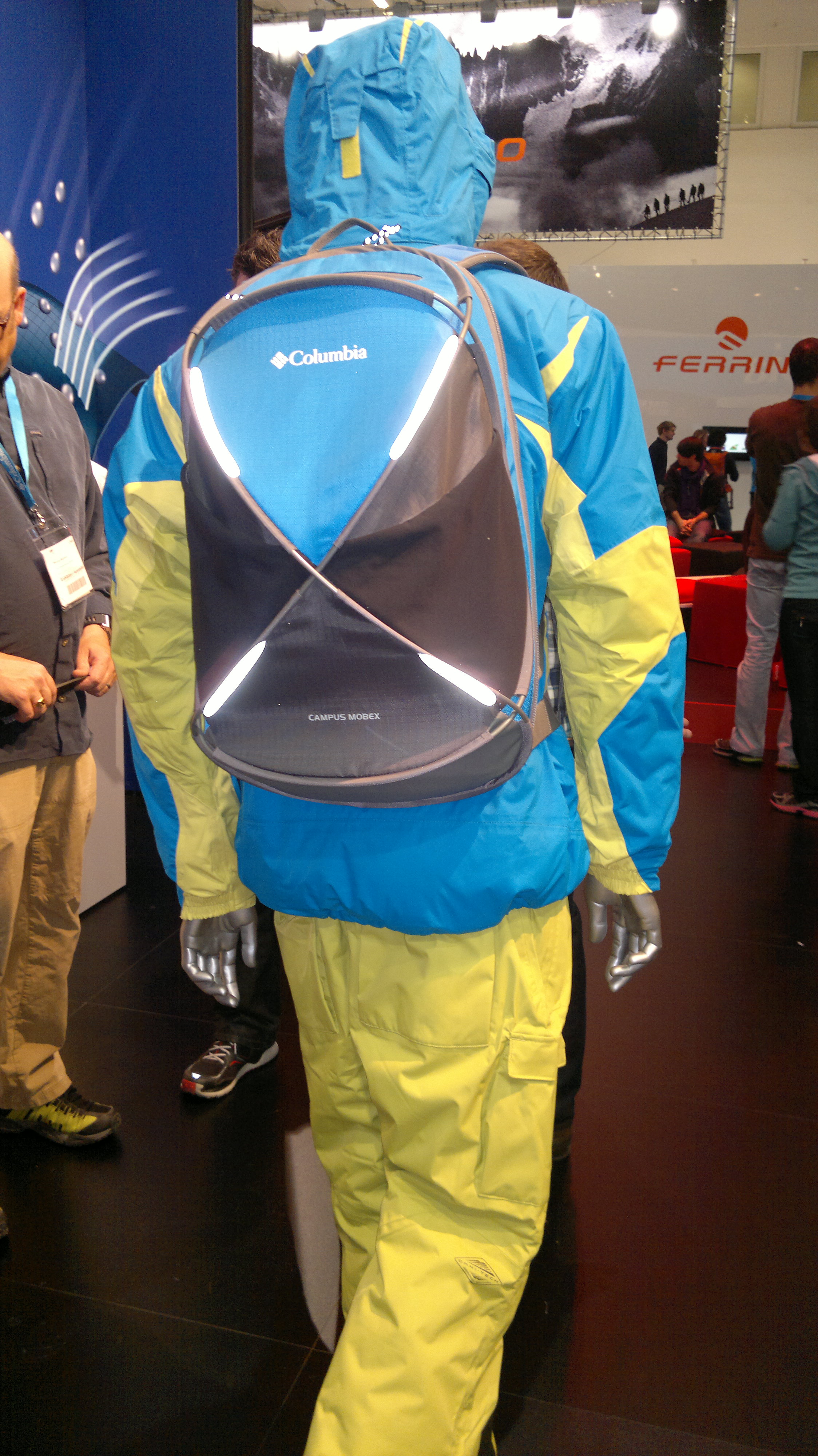 Tent-esque backpacks from Columbia and bright colours everywhere.