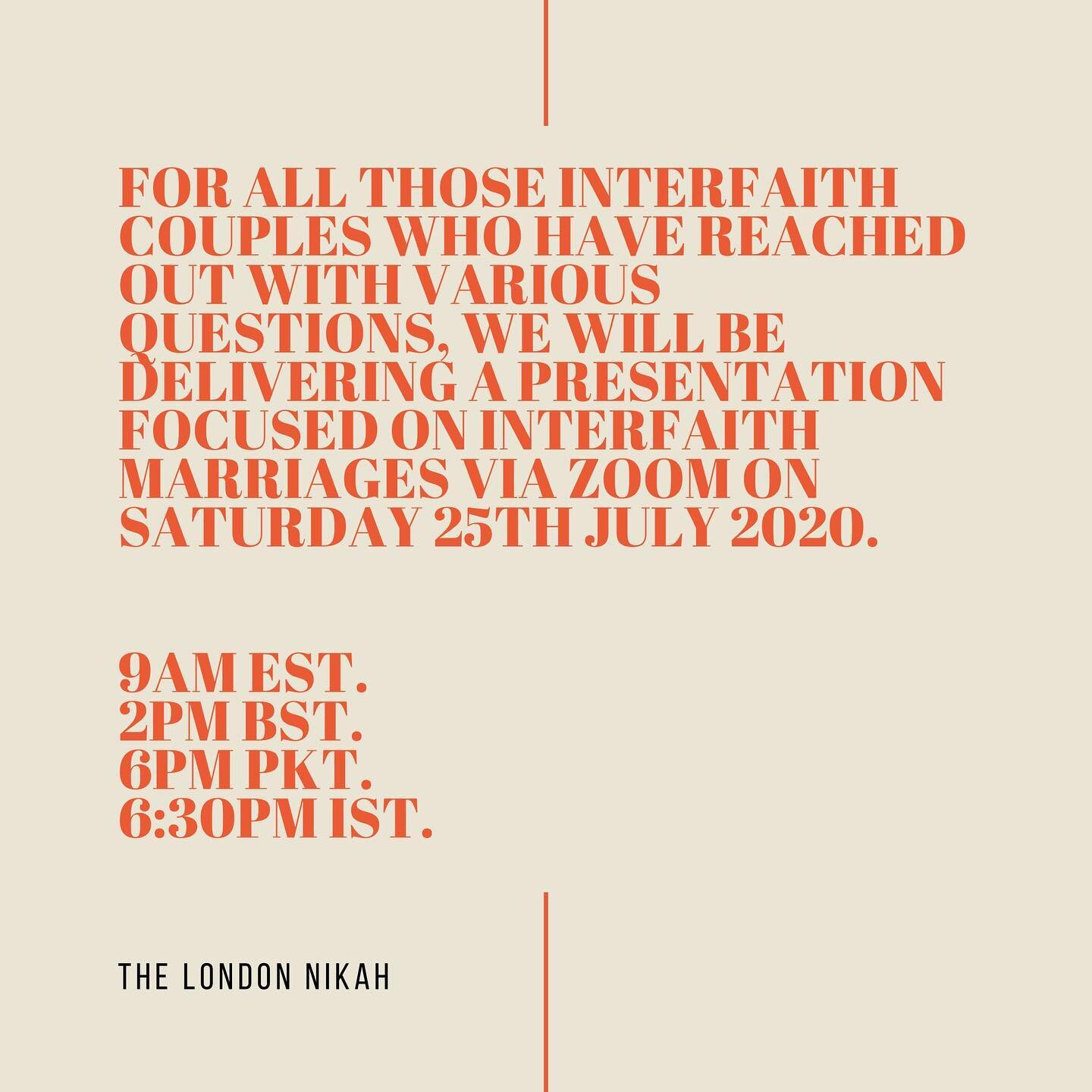 The London Nikah will be holding their first presentation focused on interfaith marriages via Zoom on Saturday 25 July.

Register your interest via the link in the bio!

Note: registration will close on Wednesday 22 July at 7pm EST.