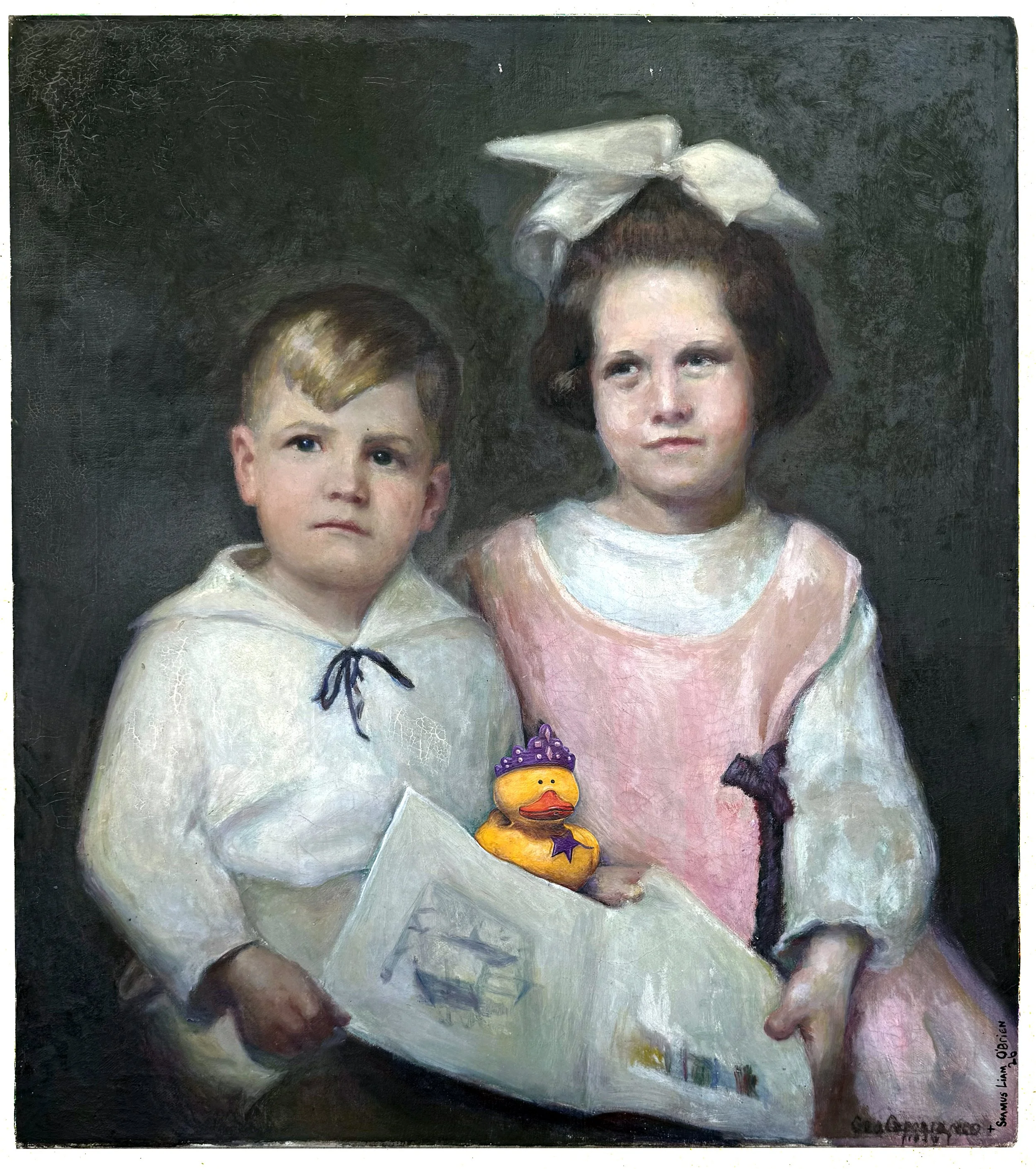 A portrait painting of a young boy and girl seated side by side, staring out at the viewer, with a yellow rubber duck wearing a purple crown resting on their lap.