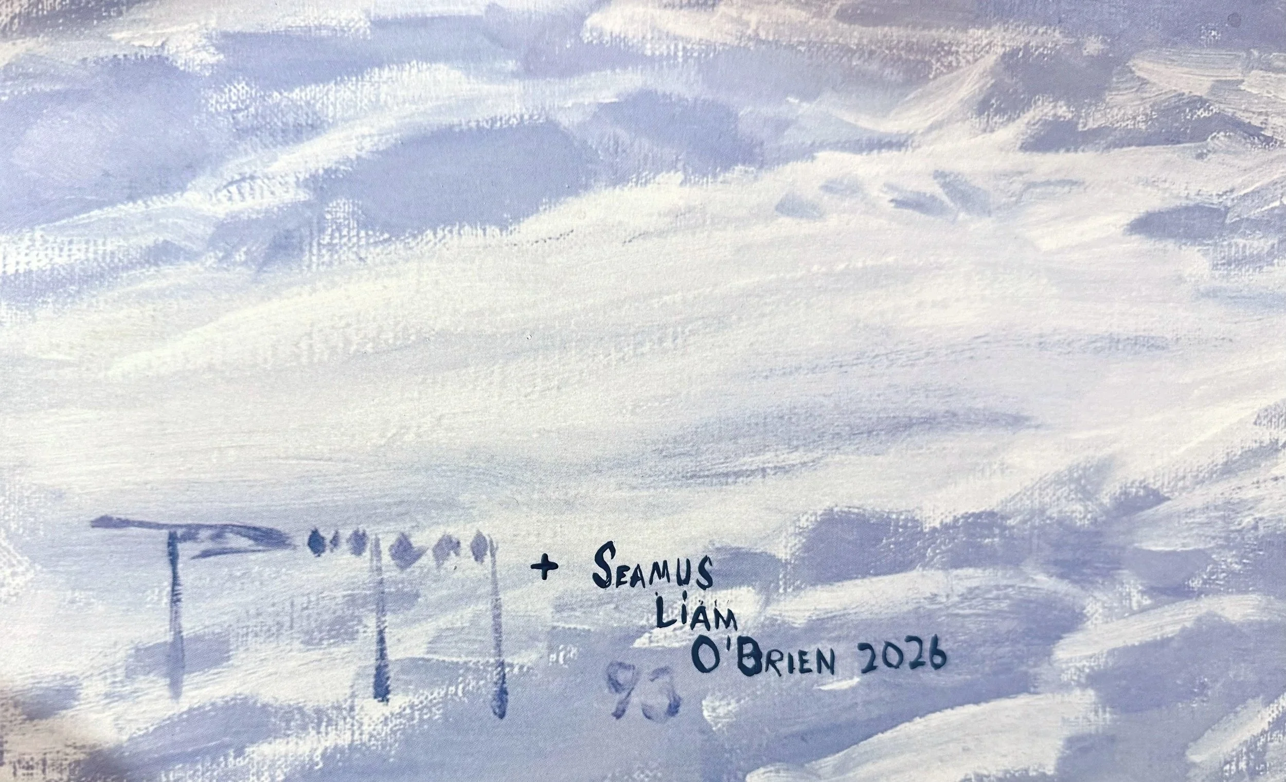 Detail of artist signatures on a painted snow field.