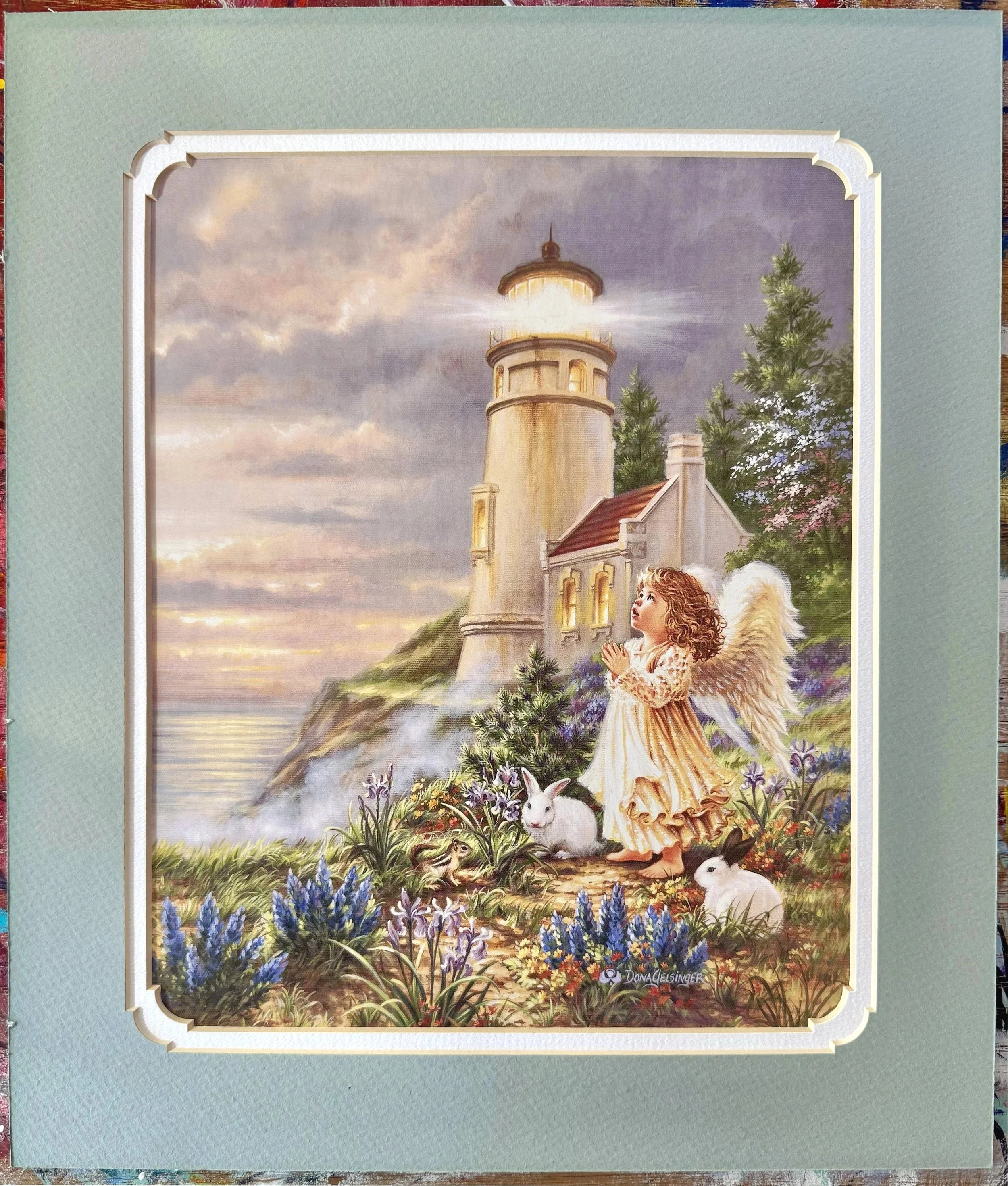 Painting of a white girl angel praying in a garden in front of a lighthouse next to two rabbits and a chipmunk