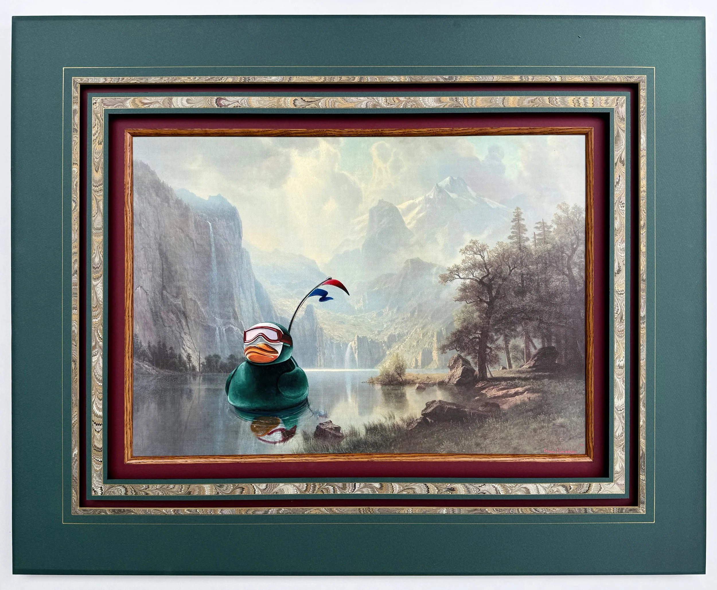 A painting with a green frame of a large rubber duck wearing a green wetsuit, goggles, and flying red and blue burgees, floating on a river in a monumental landscape.