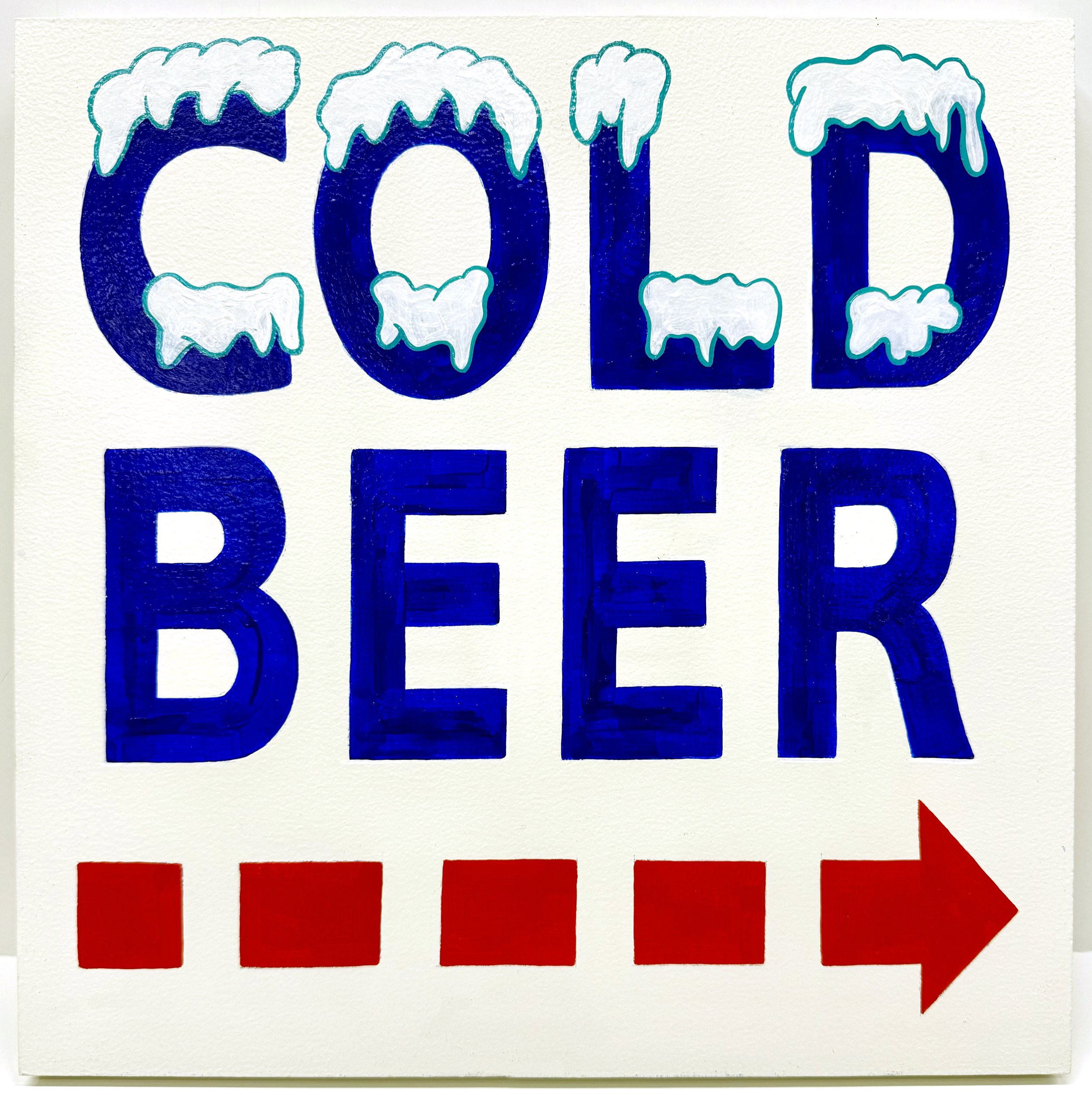 Snow capped Cold Beer with a red arrow painted on a board