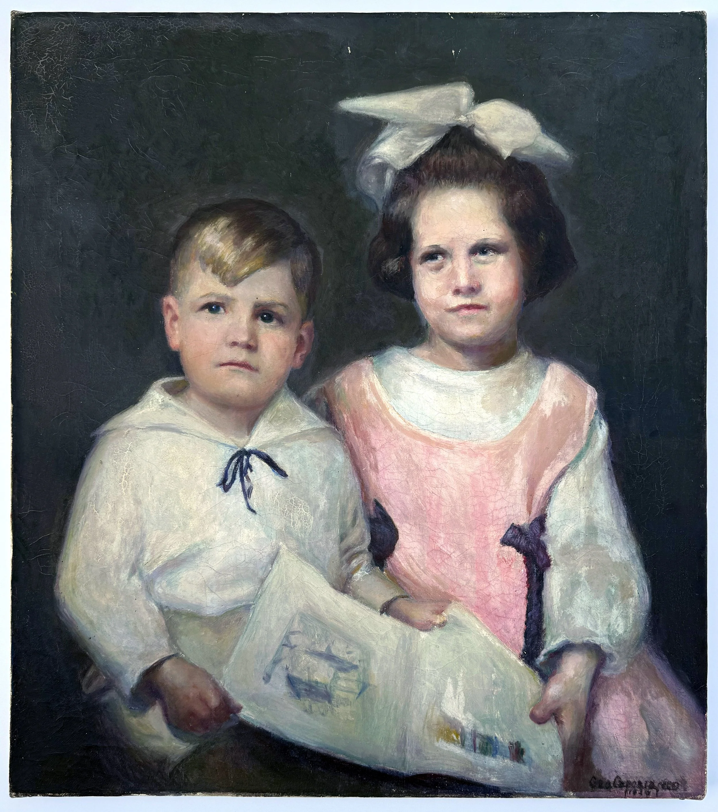 Classic portrait painting of a young boy and girl seated side by side, staring out at the viewer.