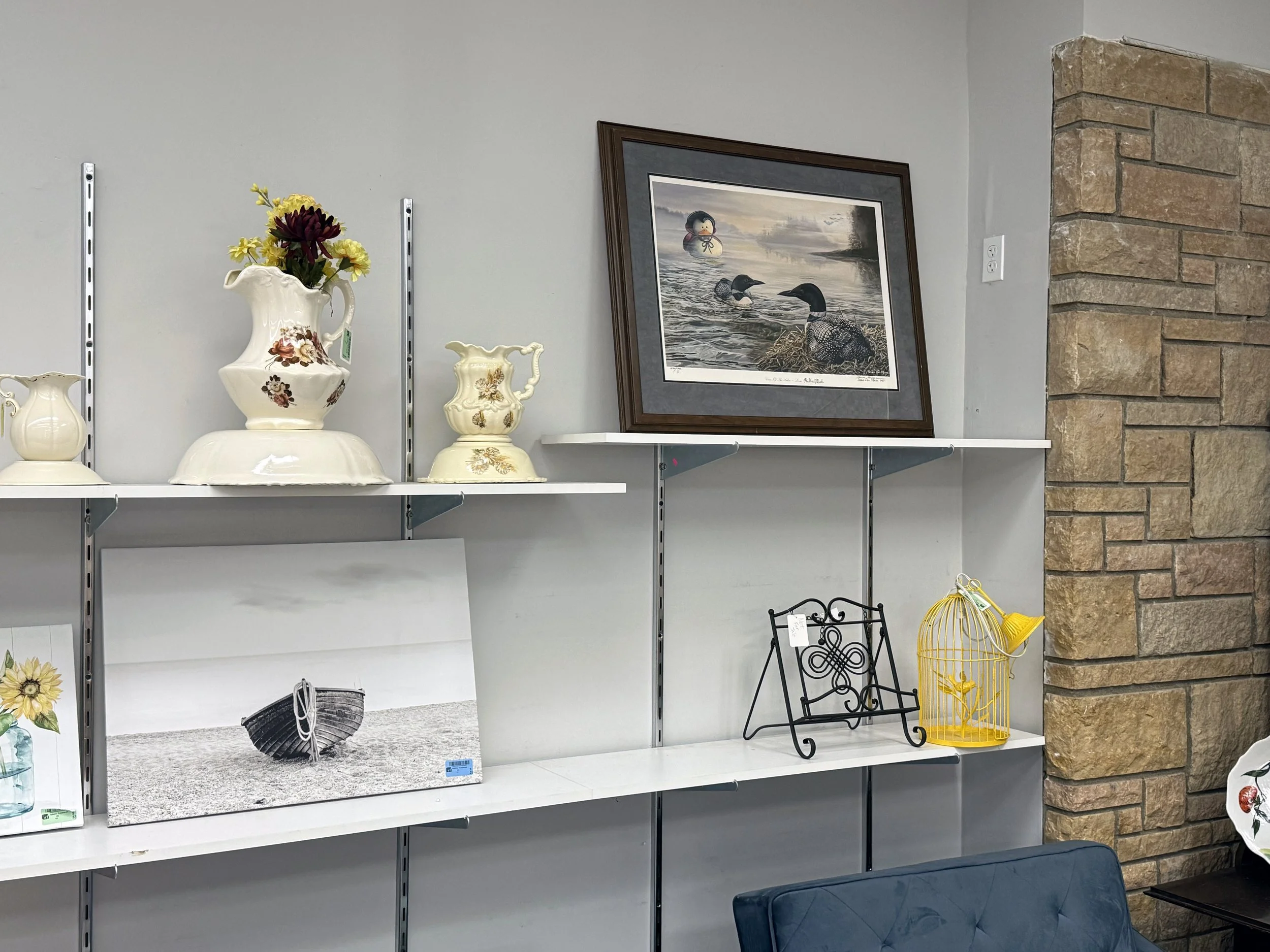 Framed painting of a vampire rubber duck floating in water with two loon birds on display in a store.