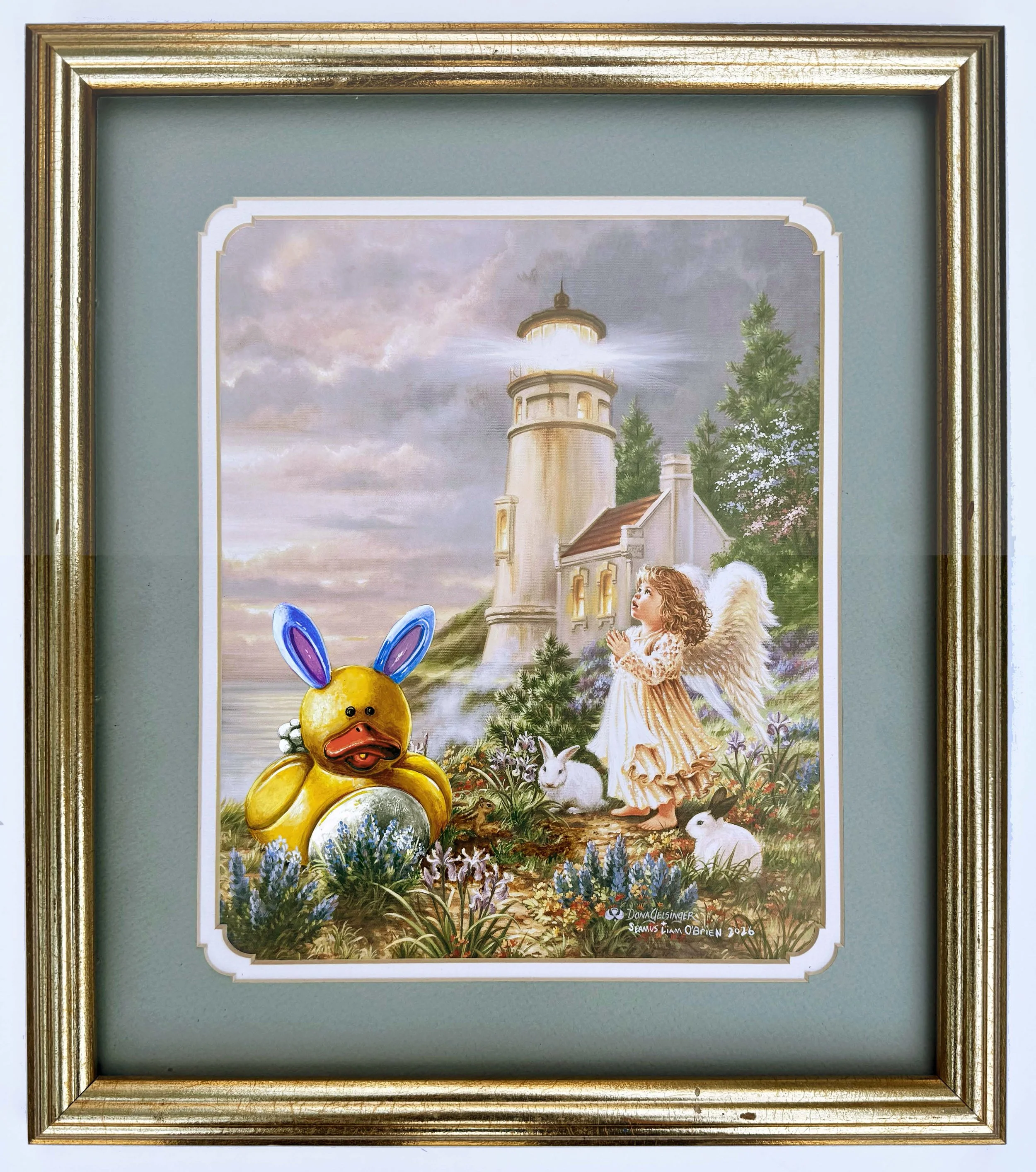 Painting of a yellow rubber duck wearing blue bunny ears next to a girl angel looking up in prayer in front of an illuminated lighthouse.