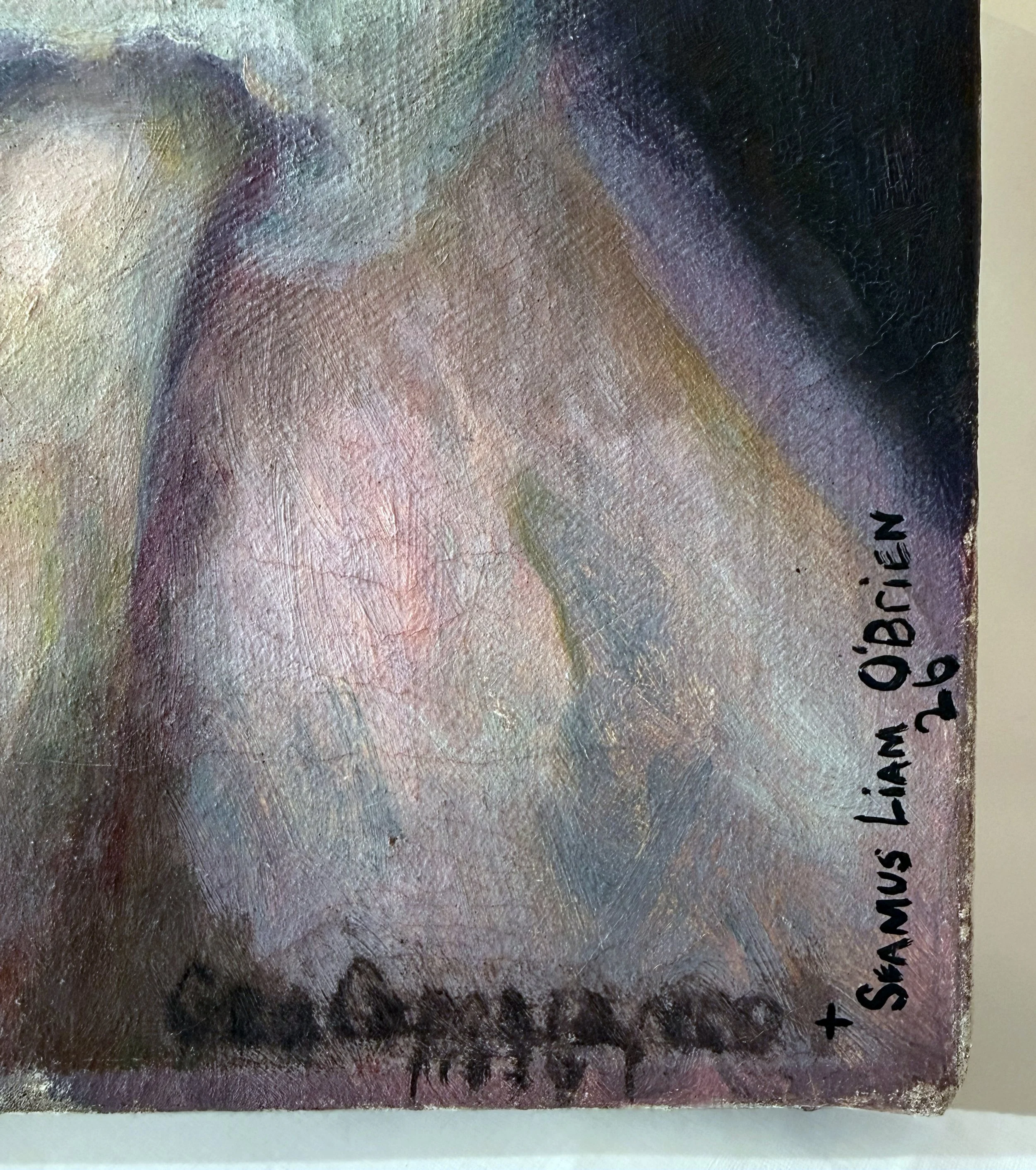 Detail of two artist's signatures on the corner of a painting.