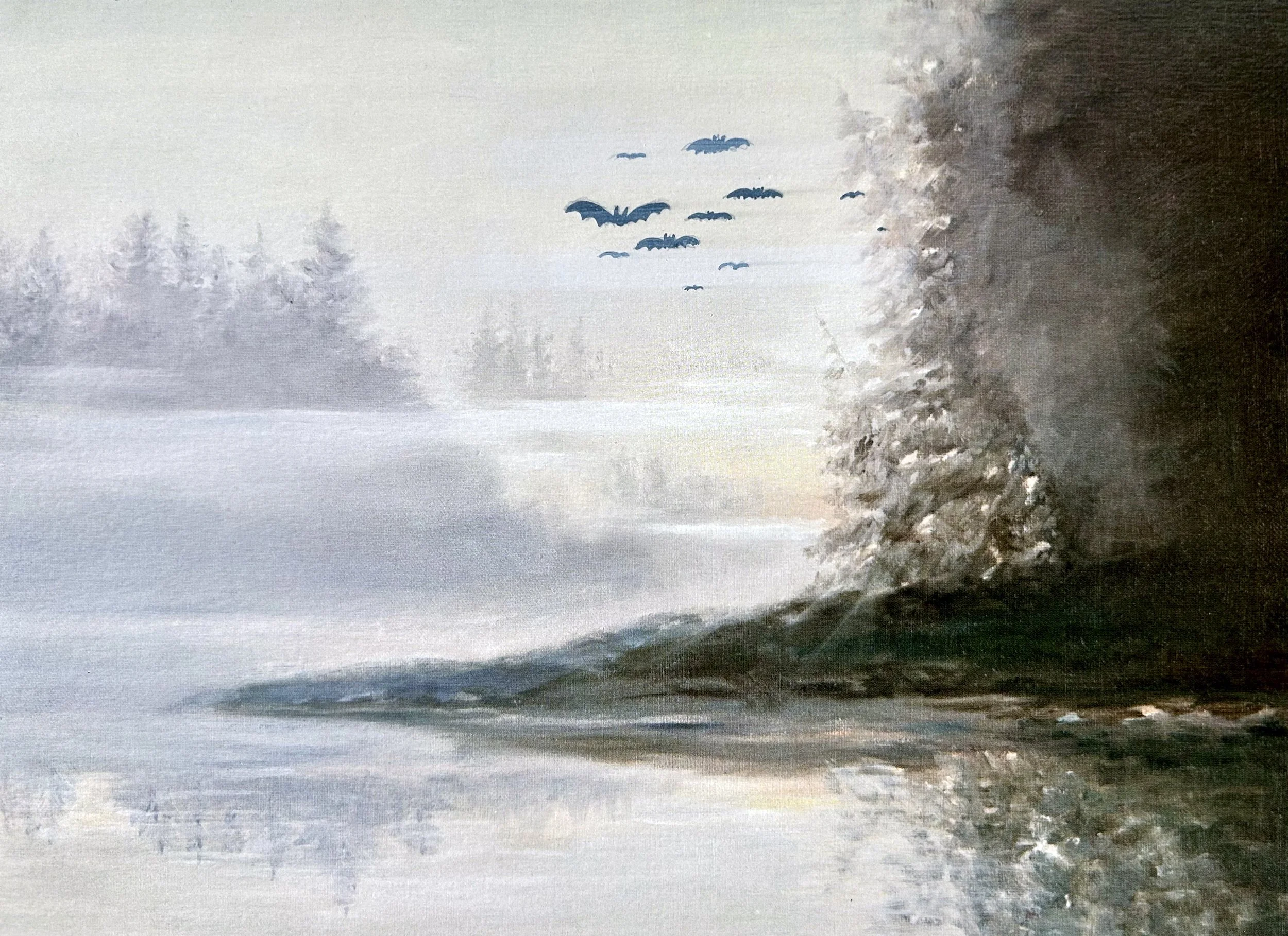 Detail of bats flying away on a foggy coastline