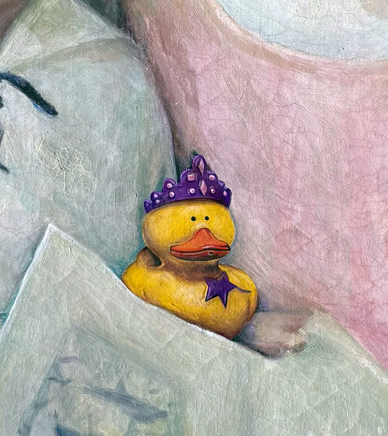 A painting of a yellow rubber duck wearing a purple crown and holding a purple star wand.