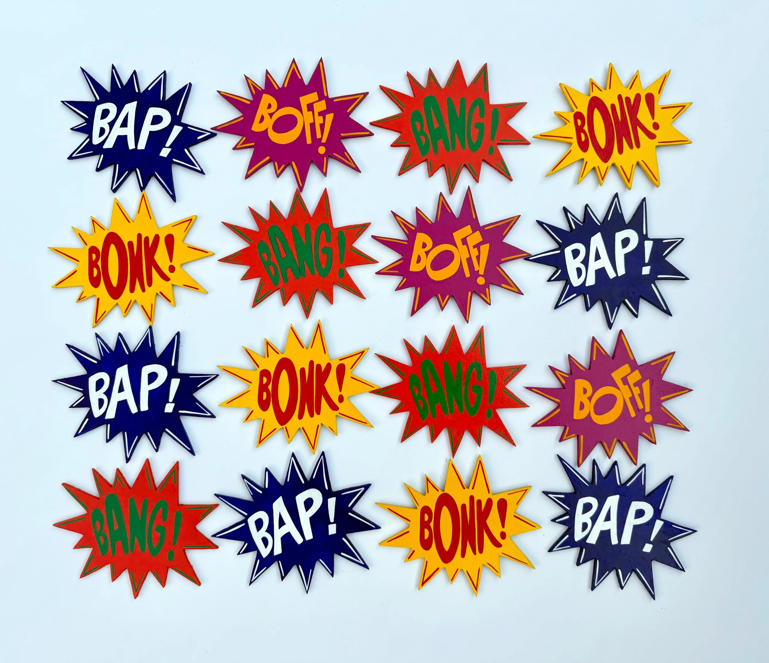 Brightly colored action words on a white background