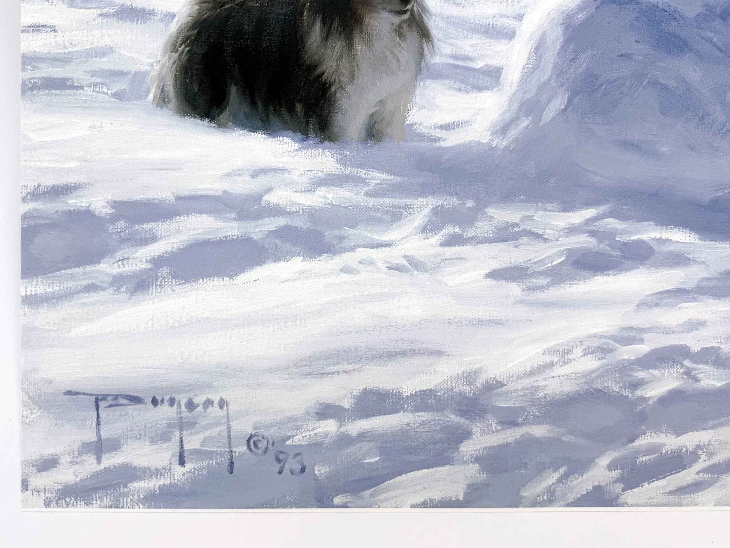 Detail of an artist's signature on a painted snow field.