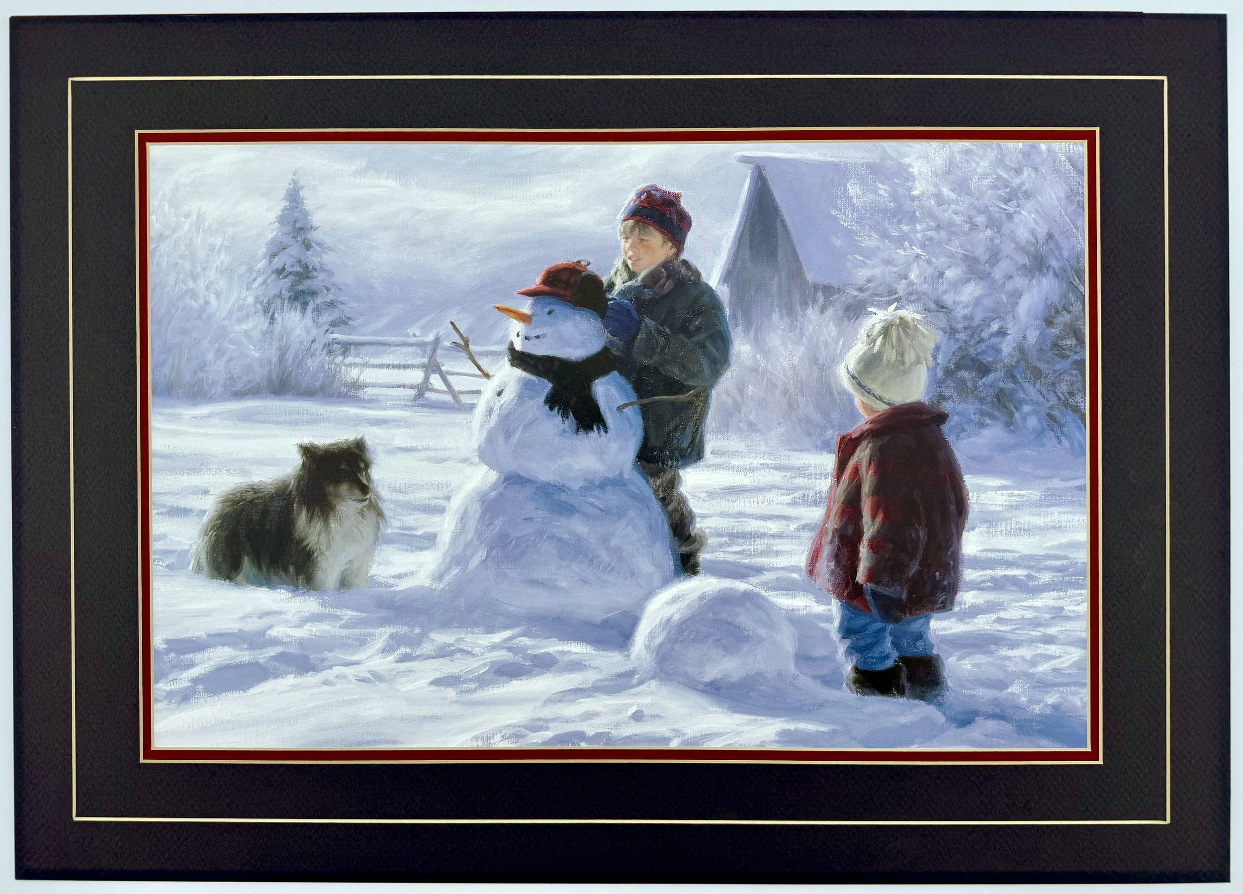 Matted painting of a boy building a snowman in a field accompanied by a dog and another child observing from the sides.