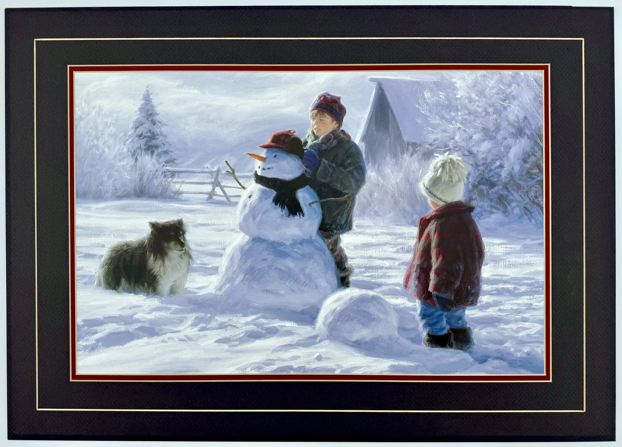 Framed painting of  a young boy constructing a snowman in a field with a dog a small child observing from the sides.