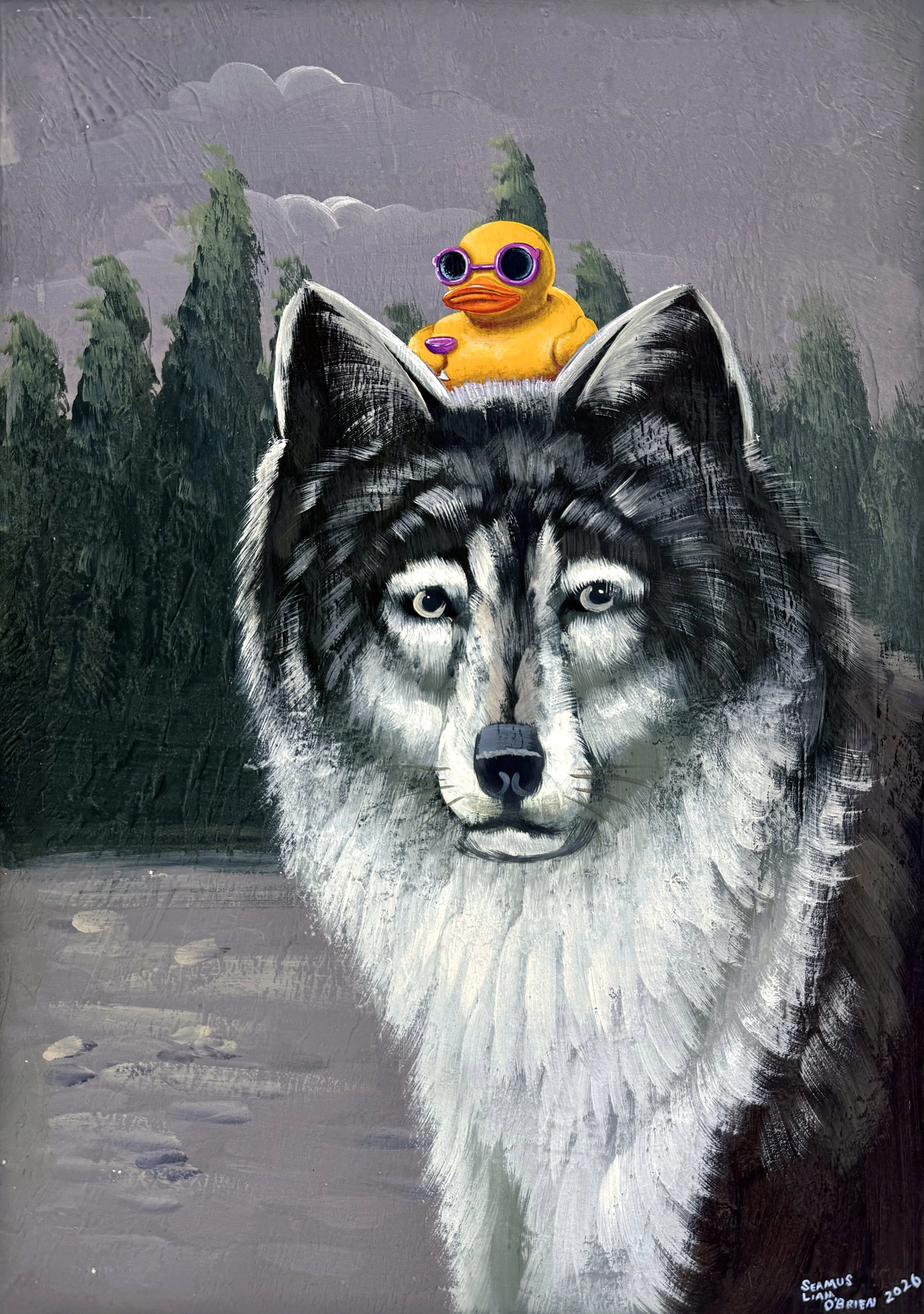 Painting of a grey wolf sitting in the foreground staring at the viewer with a yellow rubber duck on its head.