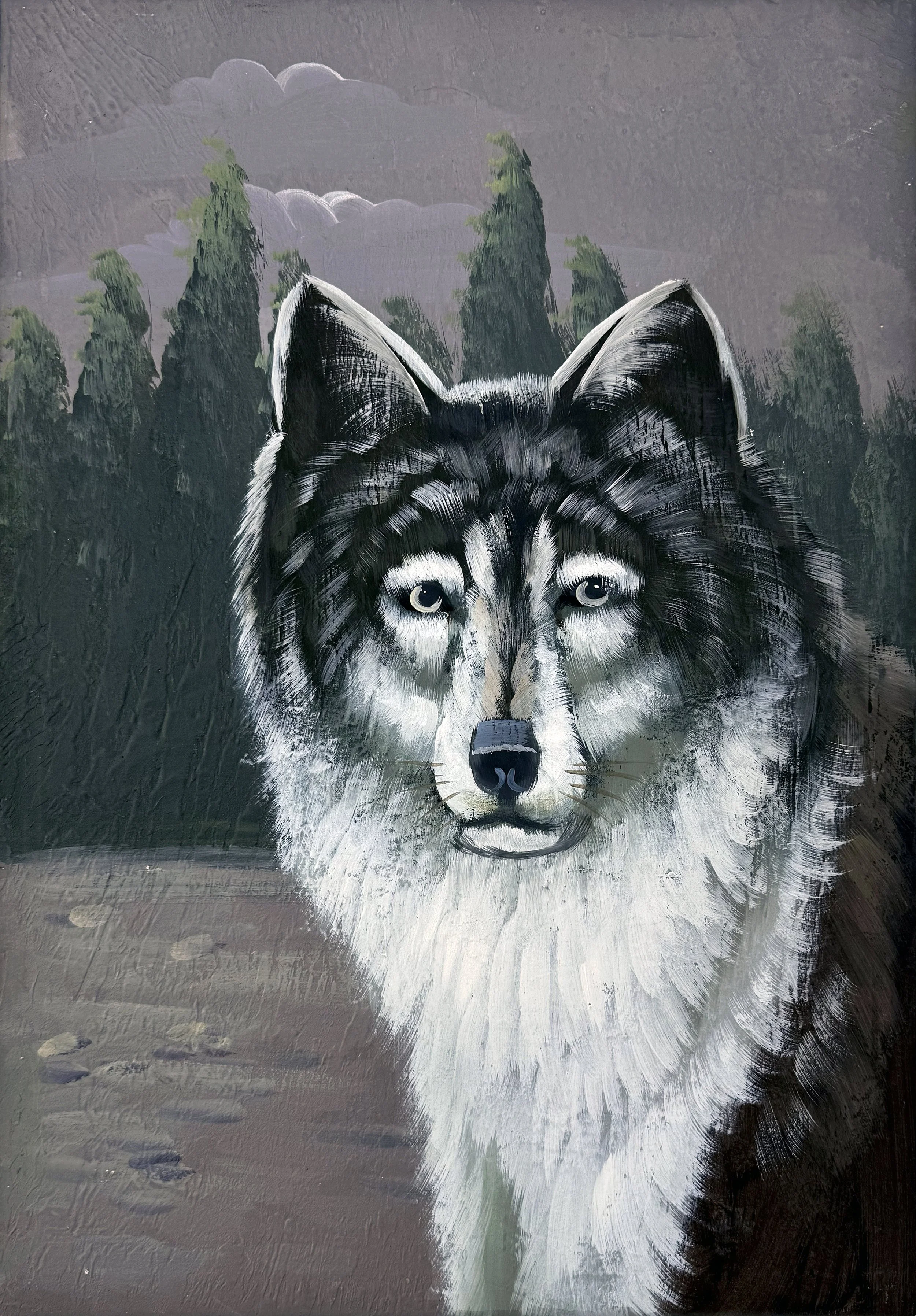 Painting of a gray wolf in front of a shadowy forest.