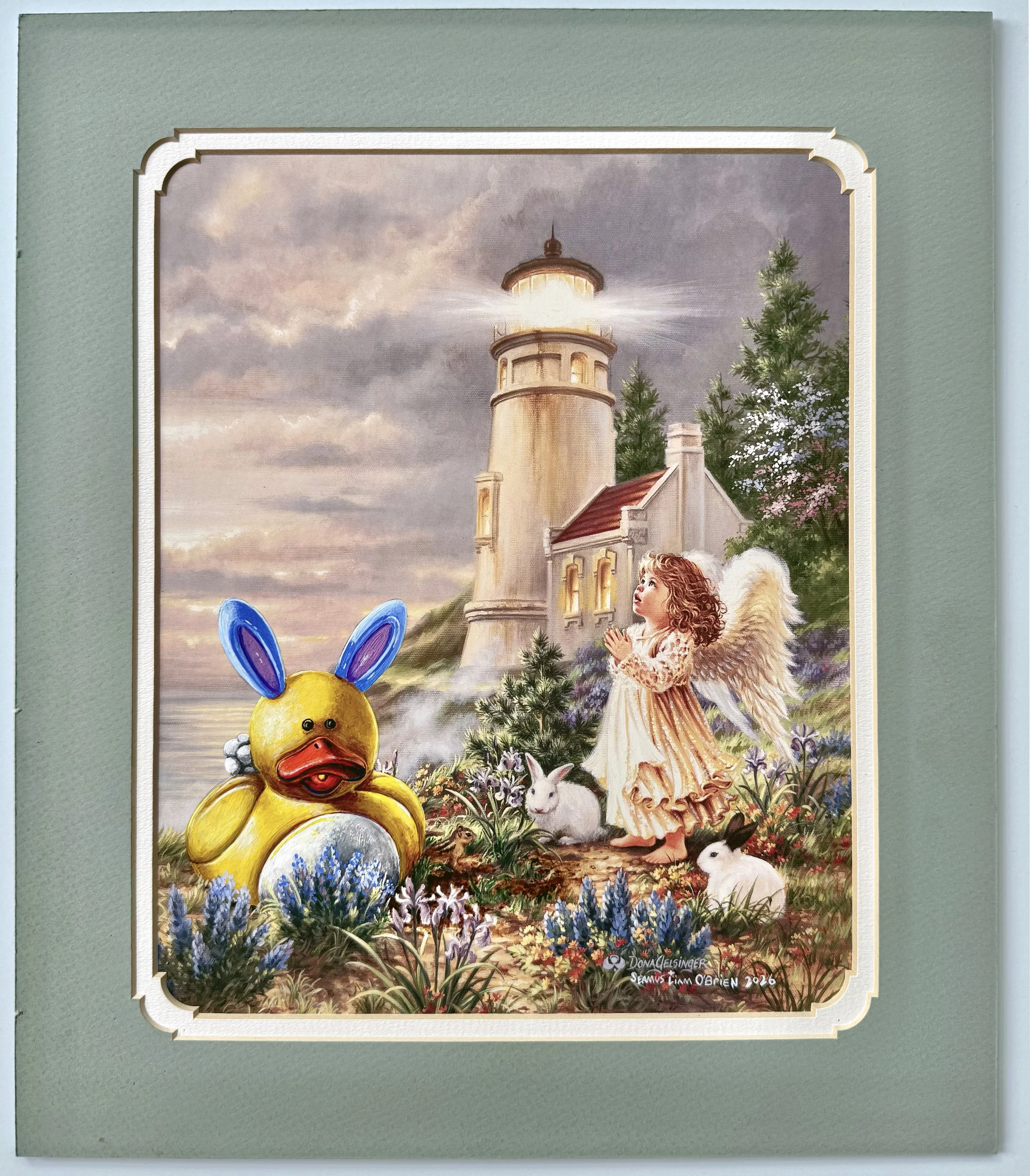 Painting of a yellow rubber duck wearing blue bunny ears next to a girl angel looking up in prayer by an illuminated lighthouse.