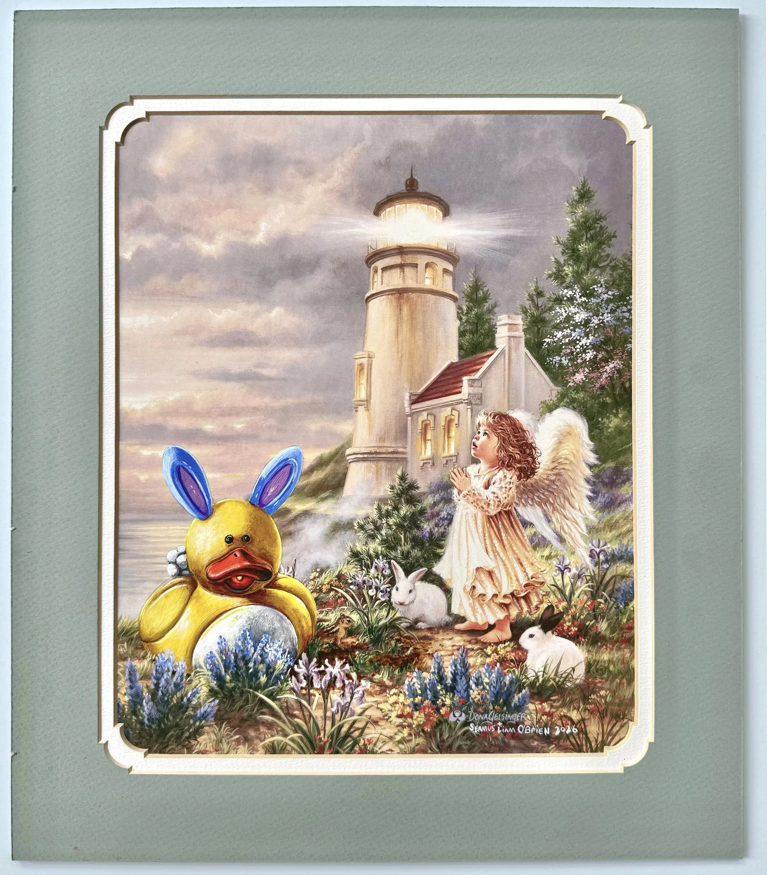 Painting of a yellow rubber duck wearing bunny ears in front of a lighthouse next to a praying angel girl