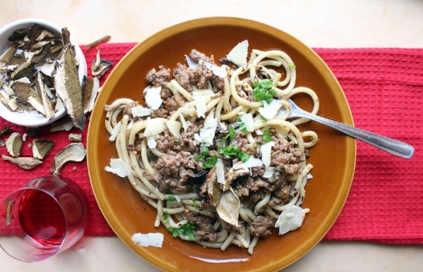 A snap of a decadent umami-rich pasta recipe from our food club, complete with pasta, parmigiano-reggiano and seasonal dried specialties like porcini!