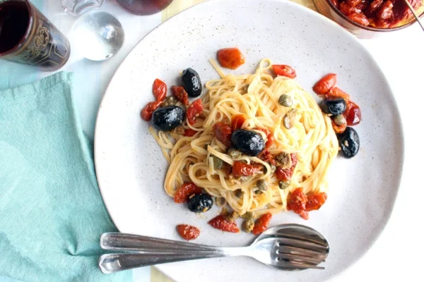 One of the recipes from our food club: capers, olives & sun-dried tomato pasta
