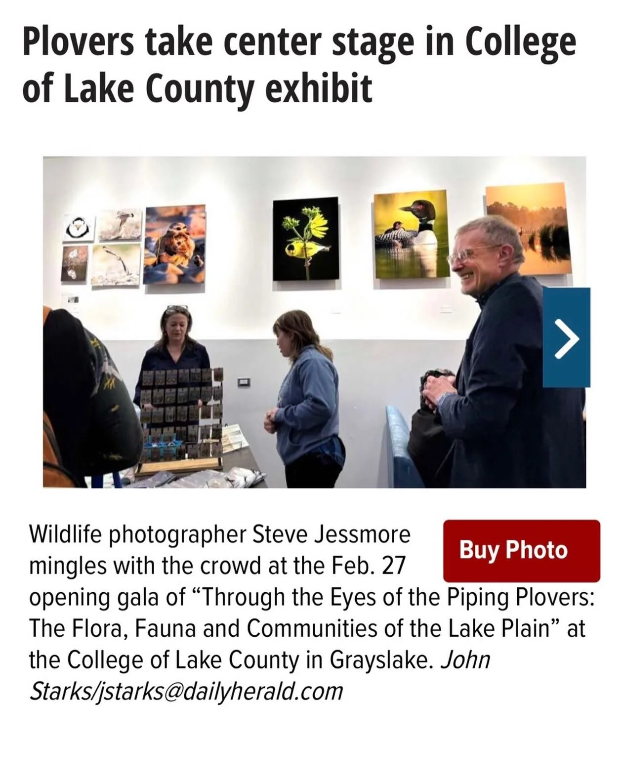 https://www.dailyherald.com/20260306/pets-and-animals/plovers-take-center-stage-in-college-of-lake-county-exhibi

Thank you Daily Herald for highlighting our exhibition!

The return of endangered Great Lakes Piping Plovers to nest in Waukegan has bec