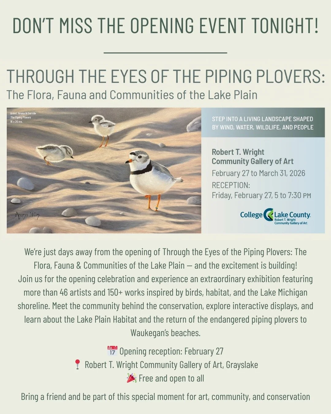 ✨ TODAY&rsquo;S THE DAY! ✨
Through the Eyes of the Piping Plovers: The Flora, Fauna &amp; Communities of the Lake Plain opens tonight and we cannot wait to welcome you!

Join us for an extraordinary evening celebrating art, conservation, and communit