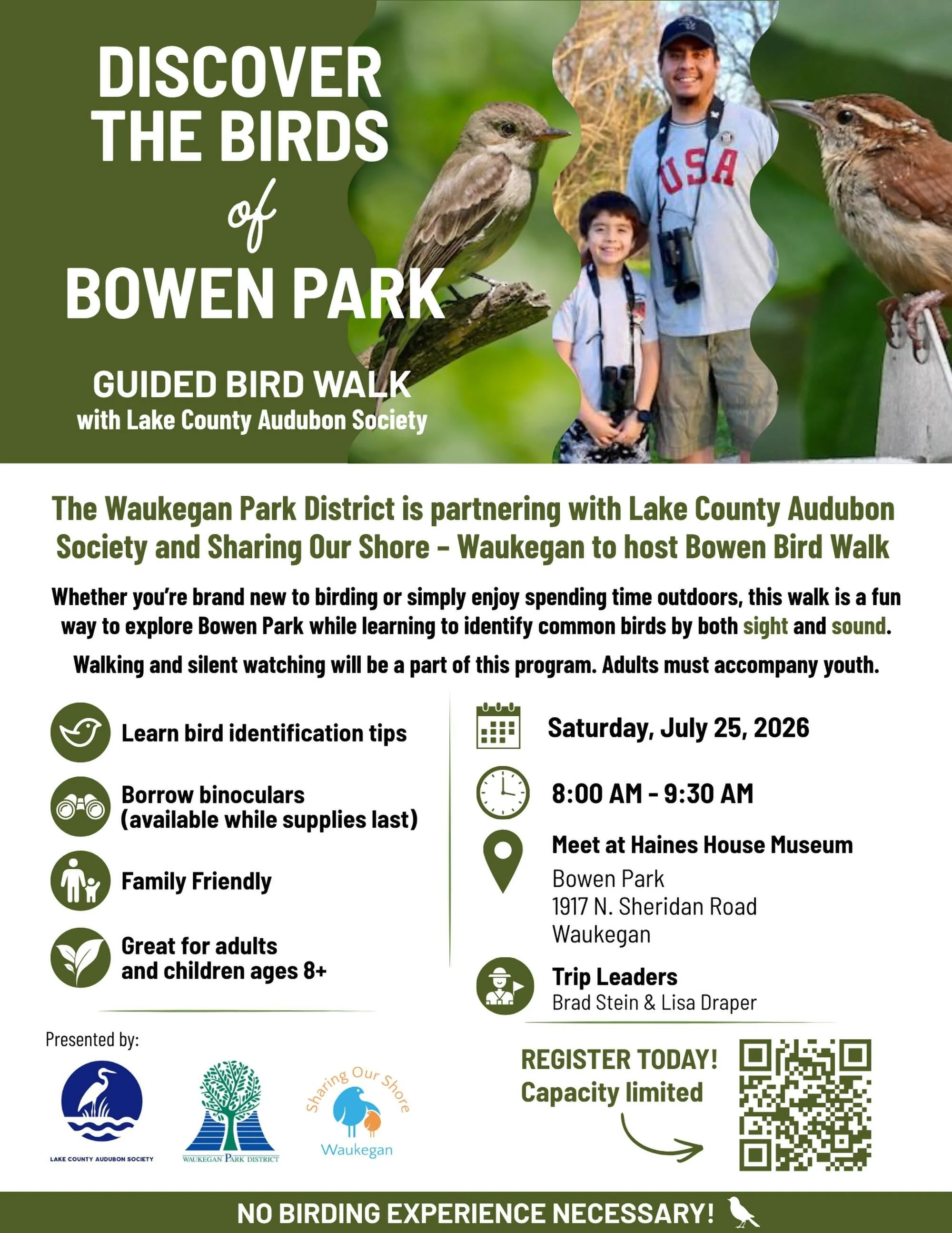 ONLY 5 SPOTS LEFT!

Presented in partnership with the Waukegan Park District, this family-friendly walk is a wonderful introduction to birding. Beginning at the Haines House Museum, participants will learn how to identify common birds by both sight a