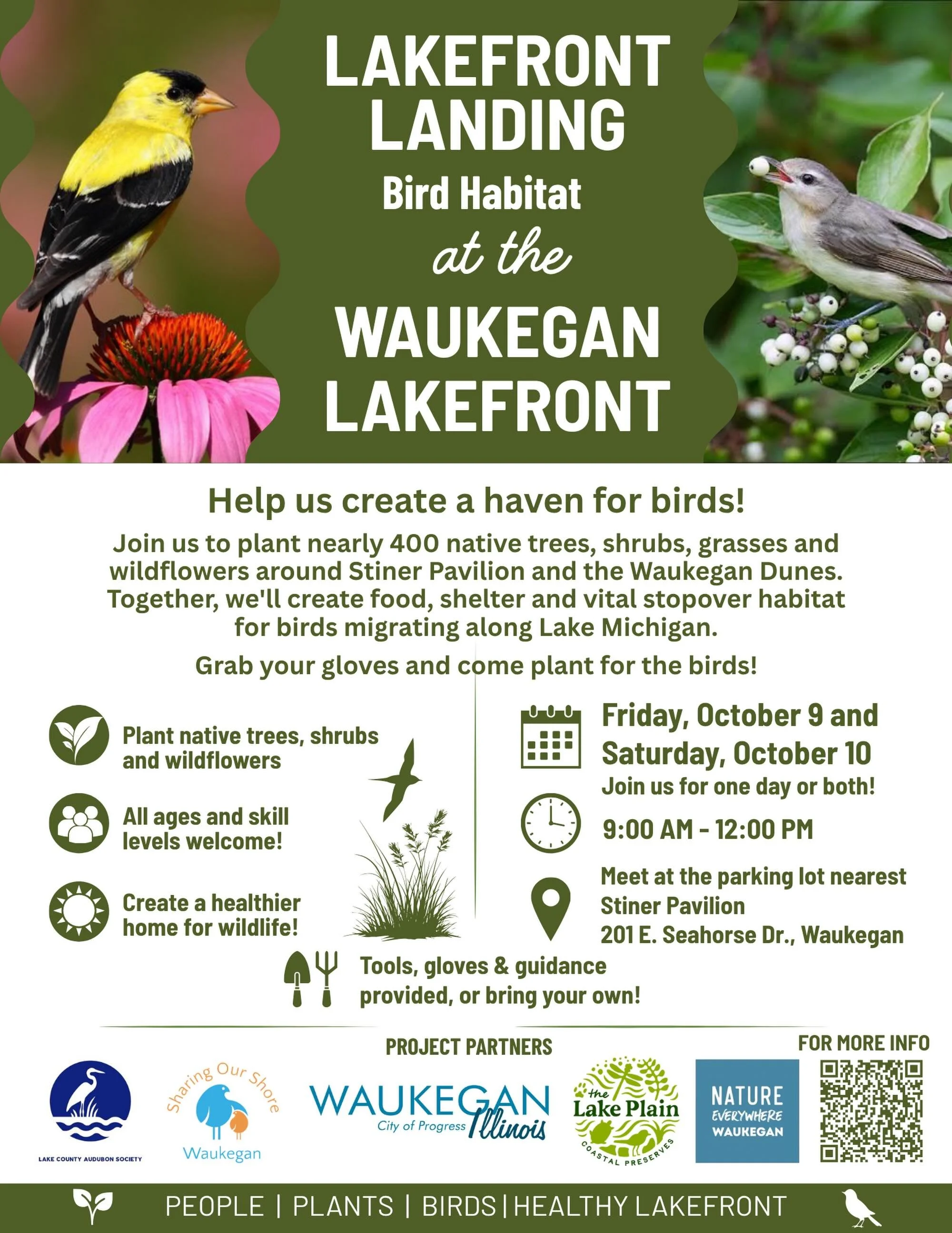 🌿 LET&rsquo;S PLANT FOR THE BIRDS! 🐦&zwj;⬛

We&rsquo;re planting nearly 400 native trees, shrubs, grasses and wildflowers along Waukegan&rsquo;s Lake Michigan shoreline, and WE NEED YOU!

Join us at Lakefront Landing to help create vital habitat fo