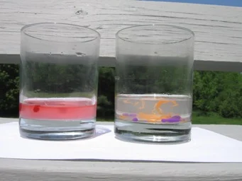 Step 4: Both glasses had calcium chloride solution (Step 2) poured into them. The sodium alginate with red food dye was added to the left glass; Kid's Paint colored socium alginates were added to the right glass. Notice that the food dye dissolves out of the red gel into the solution.