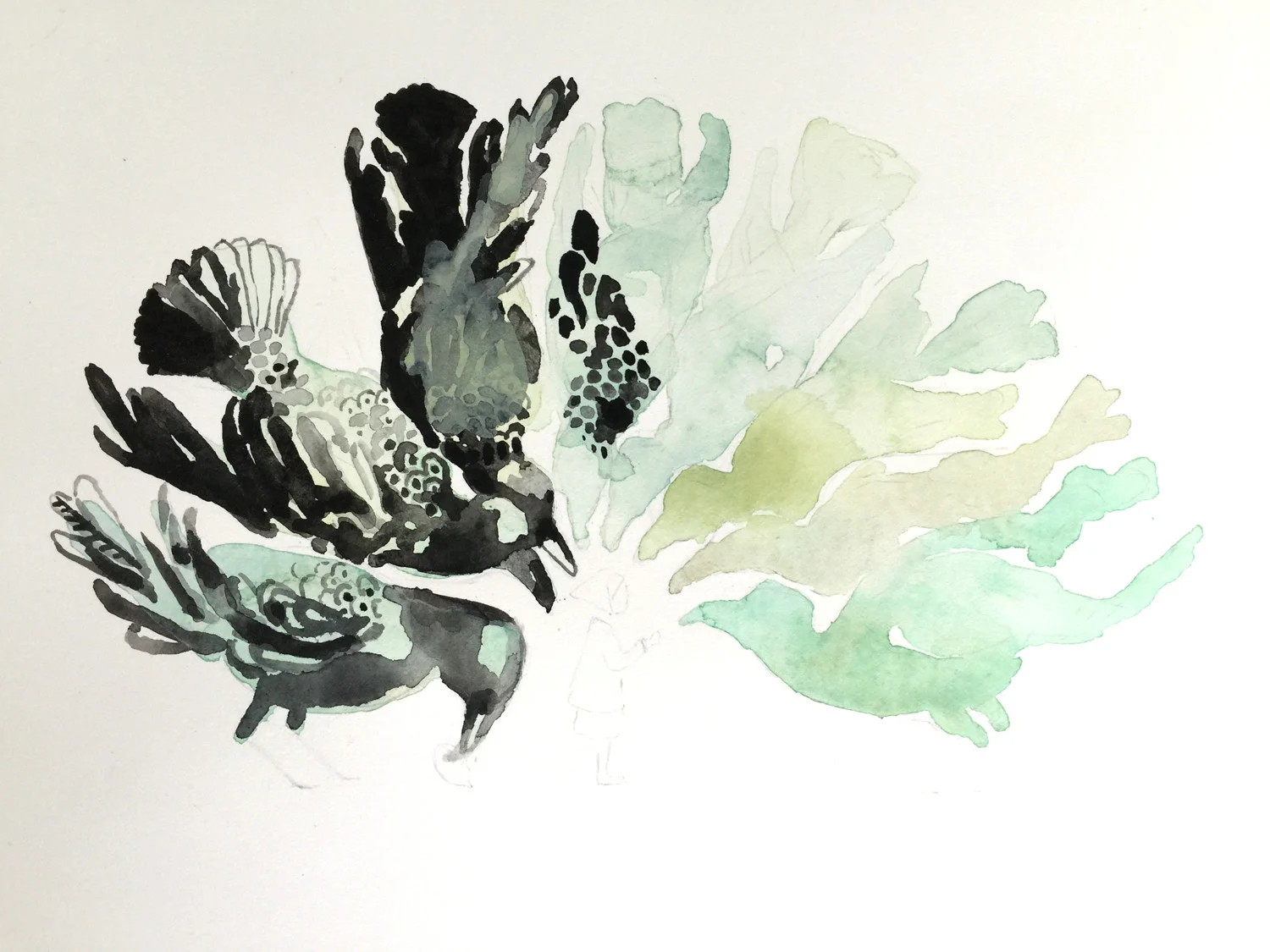 An in process shot of getting to the concept with paint. I am learning to paint in small baby-nap size chunks (slooooowly learning)....I ended up making the birds more silhouette-like, realizing that I was much more interested in their body language in relation to Gabi than their details. I also nixed the blues and greens in favor of a warmer/friendlier undertone.