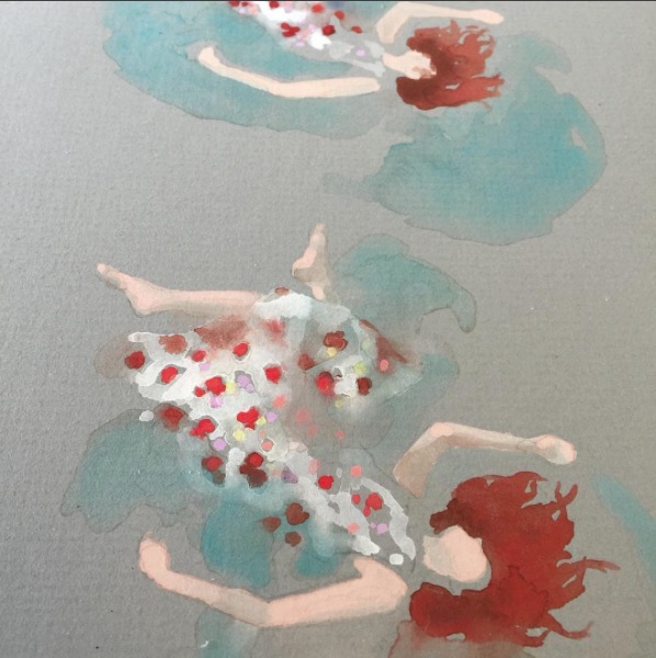 I painted the woman a few times, working on the right mix of detail and abstraction, washy blends into the ocean and crisp marks. When I added the bubbles to what would be my final illustration, it felt constellation like, so I darkened the whole thing to make that connection stronger. Fun fact: there's a movement of people who believe dolphins are from outer space. I am not one of those people, but they sound fun. The metaphor felt fitting because of all the vast unknown hidden in both the ocean depths and expansive skies.