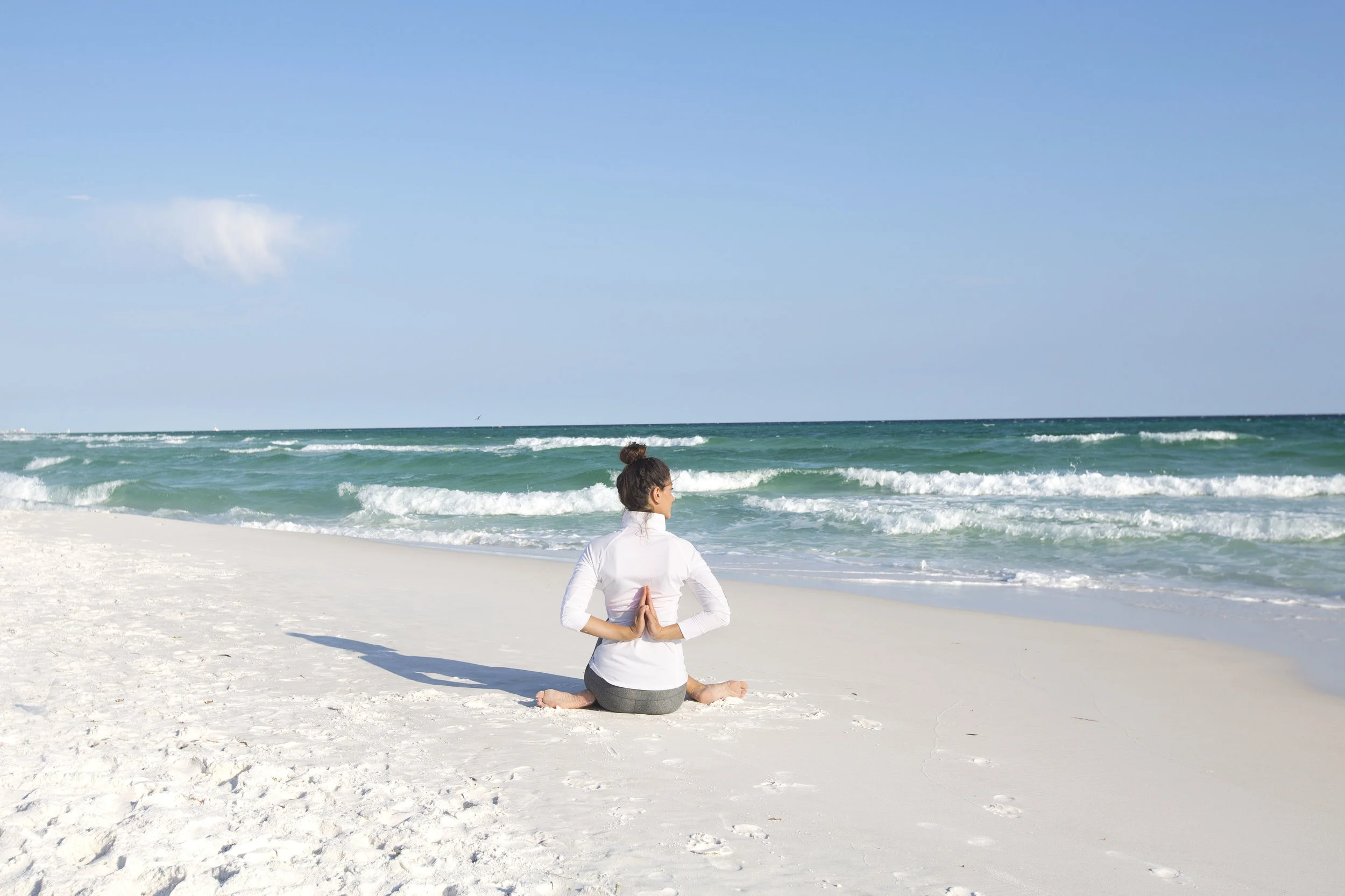 Start in seated position. Cross legs over each other and stack the knees. Take arms behind the back in reverse prayer. If reverse prayer is difficult you can grab your forearms. Hold for 5-10 breaths. 