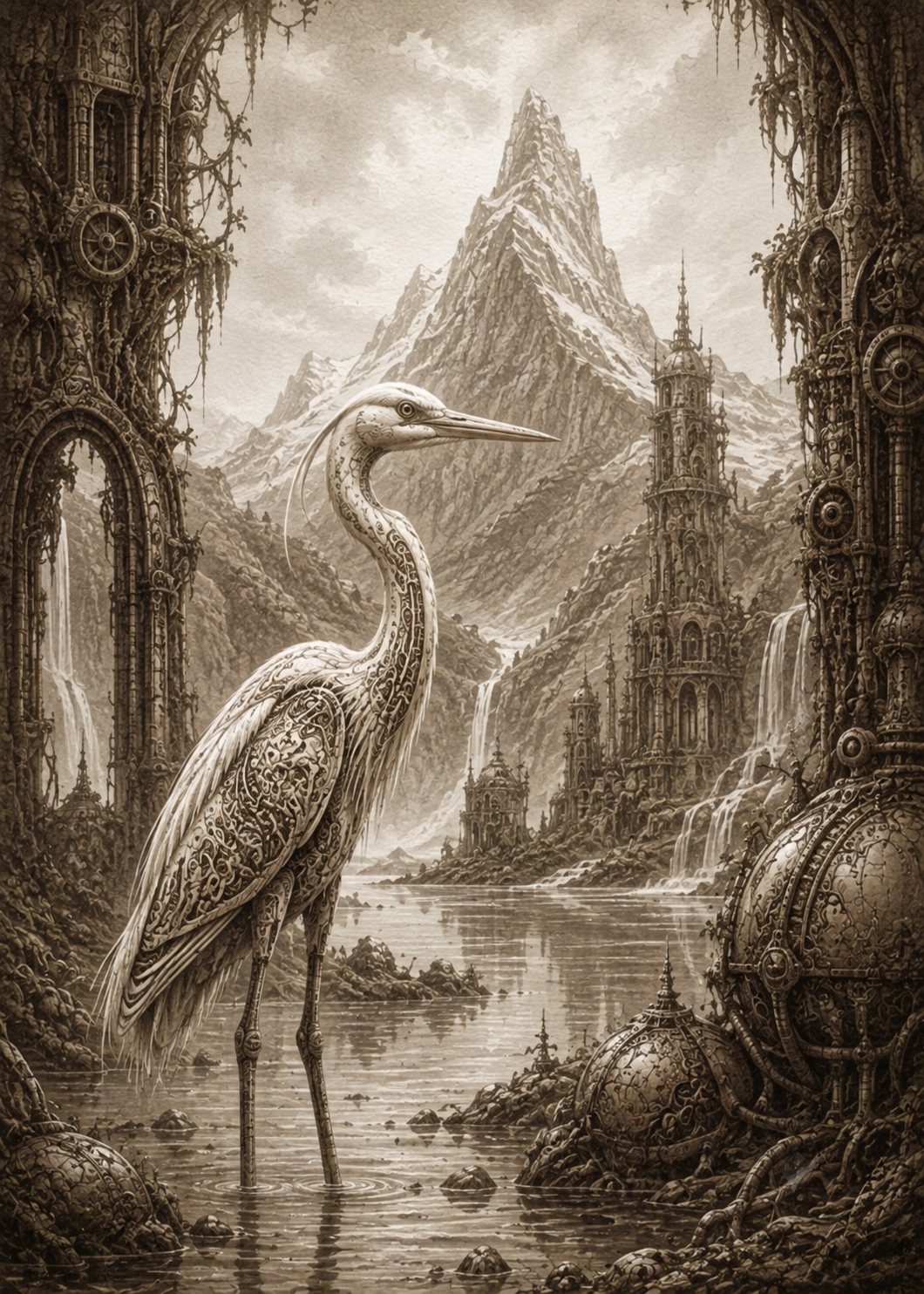 Ornate Heron Amid Steampunk Ruins.png