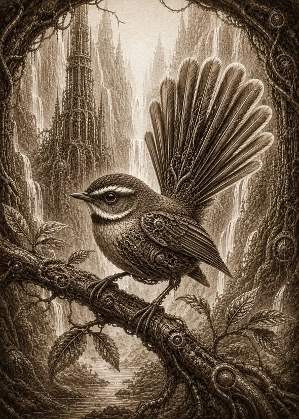 Fantail in a Biomechanical Forest