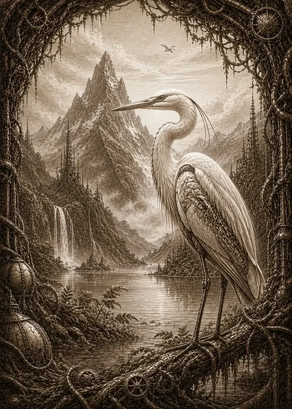 White Heron in a Biomechanical Wetland