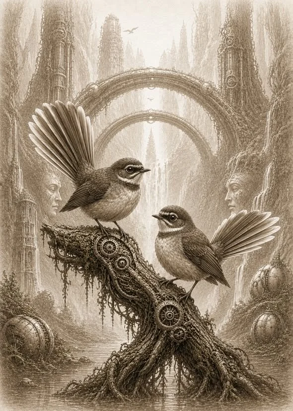 Fantail Pair in a Biomechanical Forest