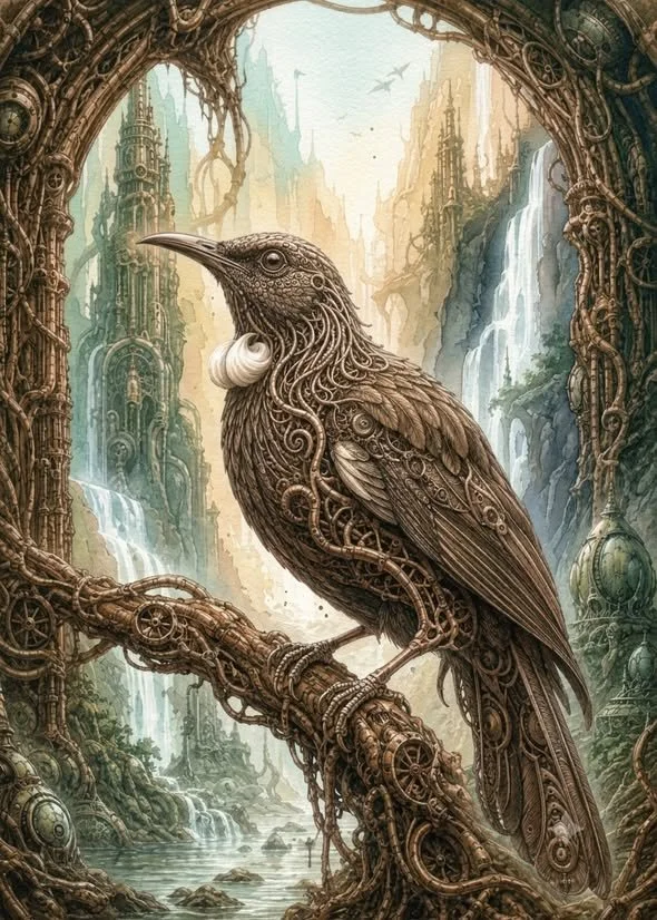 Biomechanical Tūī in Waterfall City