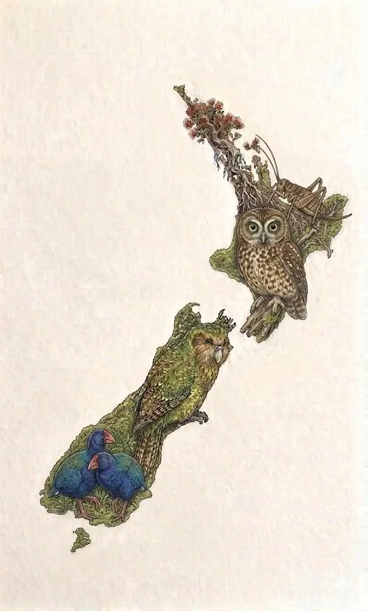New Zealand Owl, Kākāpō and Pūkeko Map