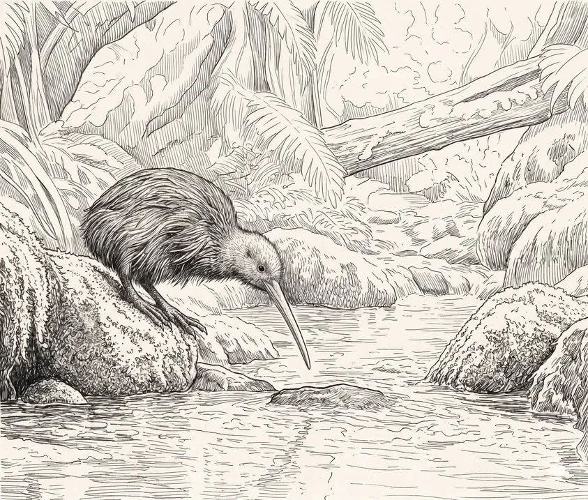 Kiwi Beside an Alpine Stream