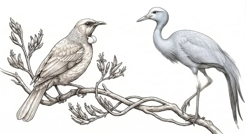 Tūī and White Heron Study