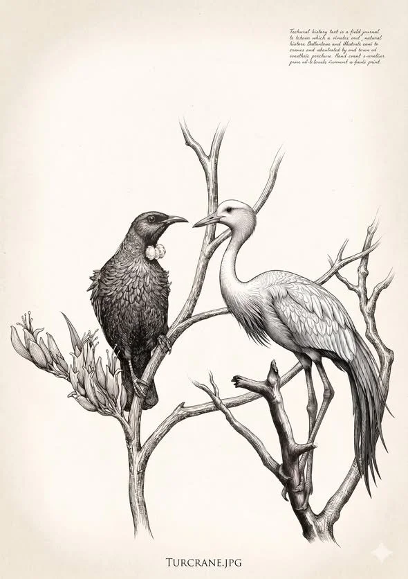Tūī and White Heron Composition
