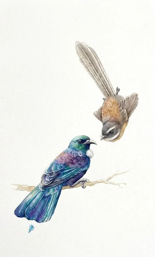 Tūī and Fantail Watercolour Study