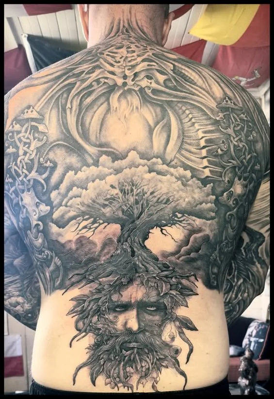 Phoenix and Tree Back Tattoo