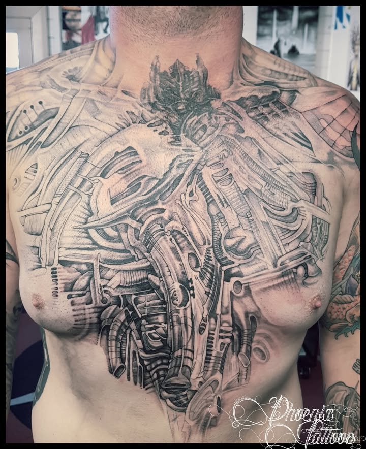 Biomechanical Chest Tattoo