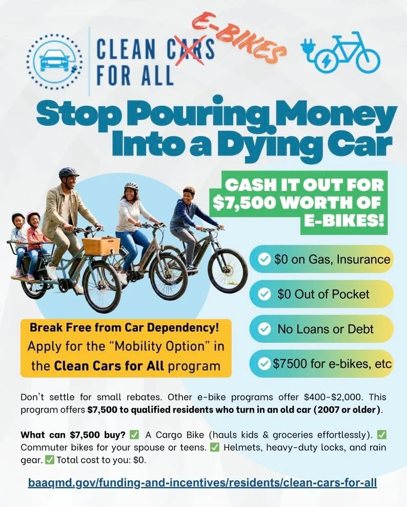 For folks in the Bay Area - our friends at Bike East Bay @bikeeastbay  and Bike Hayward @bike.hayward  are working to increase awareness of the how the Clean Cars 4 All program can also translate into e-bike rebates with up to $7,500 available for ca
