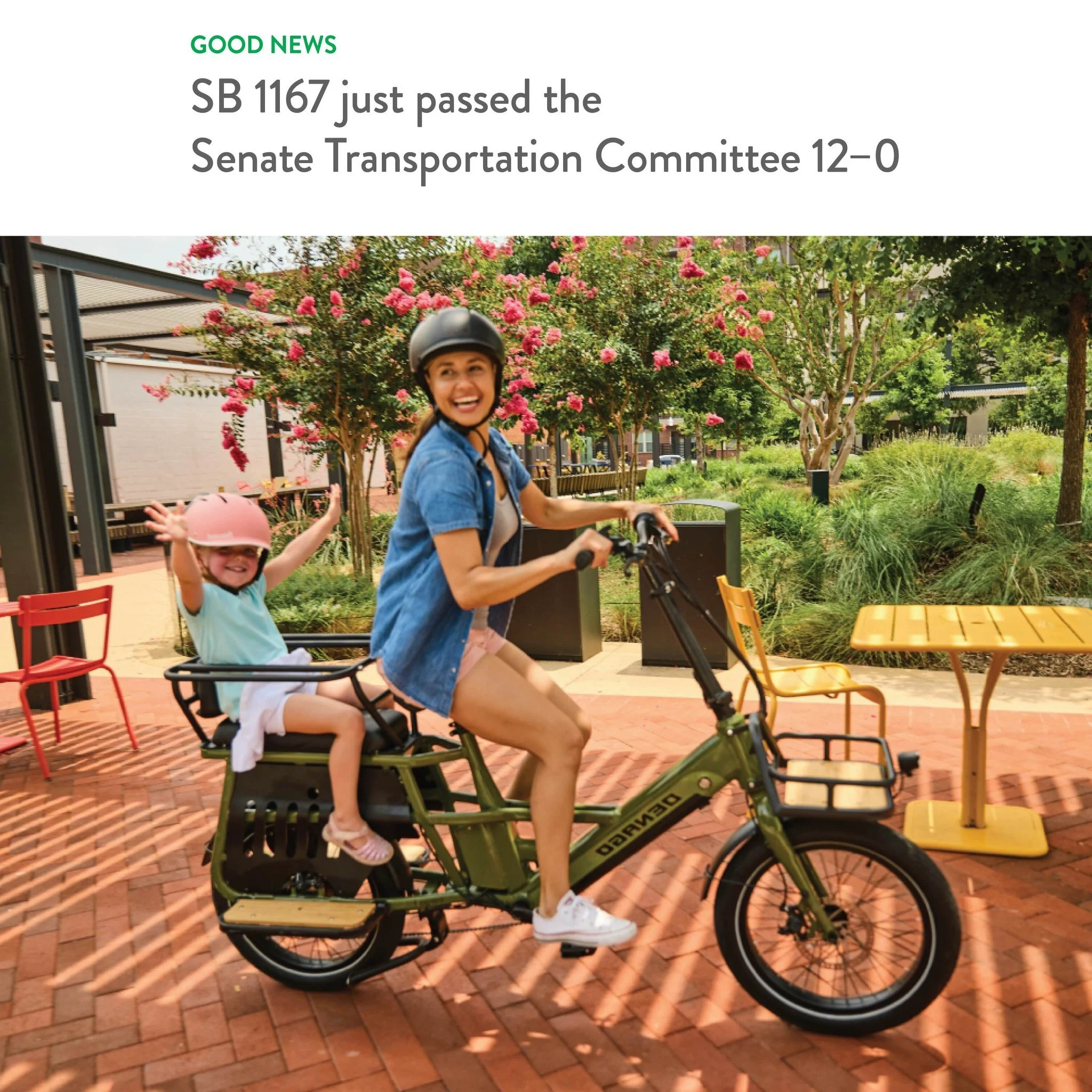 One of CalBike's sponsored bills designed to bring clarity to the e-bike marketplace, SB 1167 just passed the Senate Transportation Committee 12&ndash;0.

That kind of unanimous vote sends a clear message.

As Senator Catherine Blakespear put it:
&ld