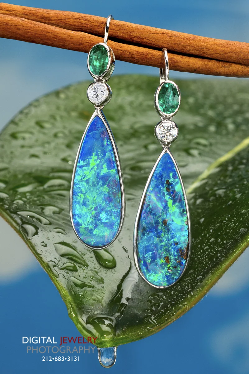 Opal earrings on Leaf with water drop wet.jpg