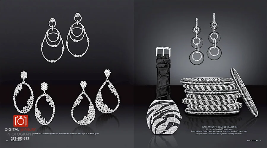 Cellini Jewelers Black and White Diamond Watch Earrings and Bangles Catalog tearsheet.jpg