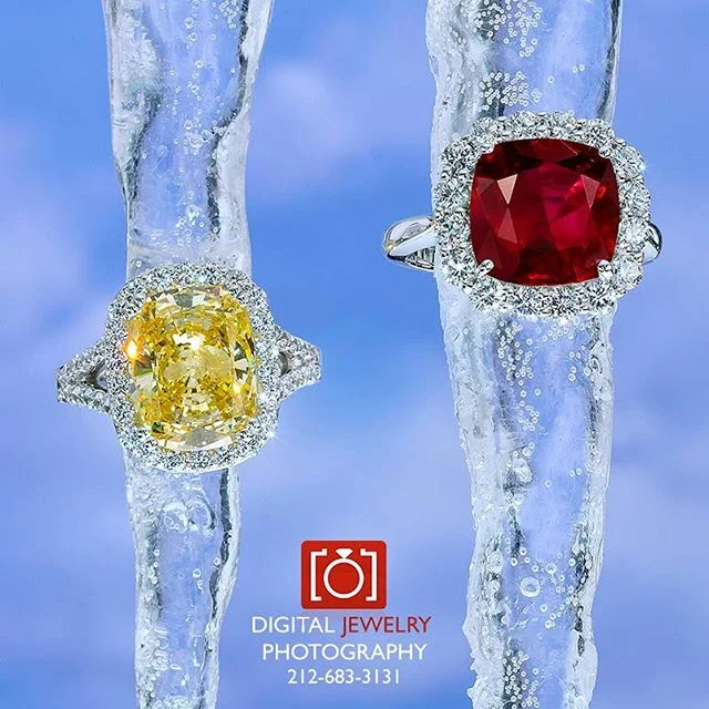 We create wonderful jewelry images for all of our clients. Come see what we are all about. Www.digitaljewelryphotography.com #winterjewelry #icicles #yellowdiamond #diamondring #rubyring #haloring