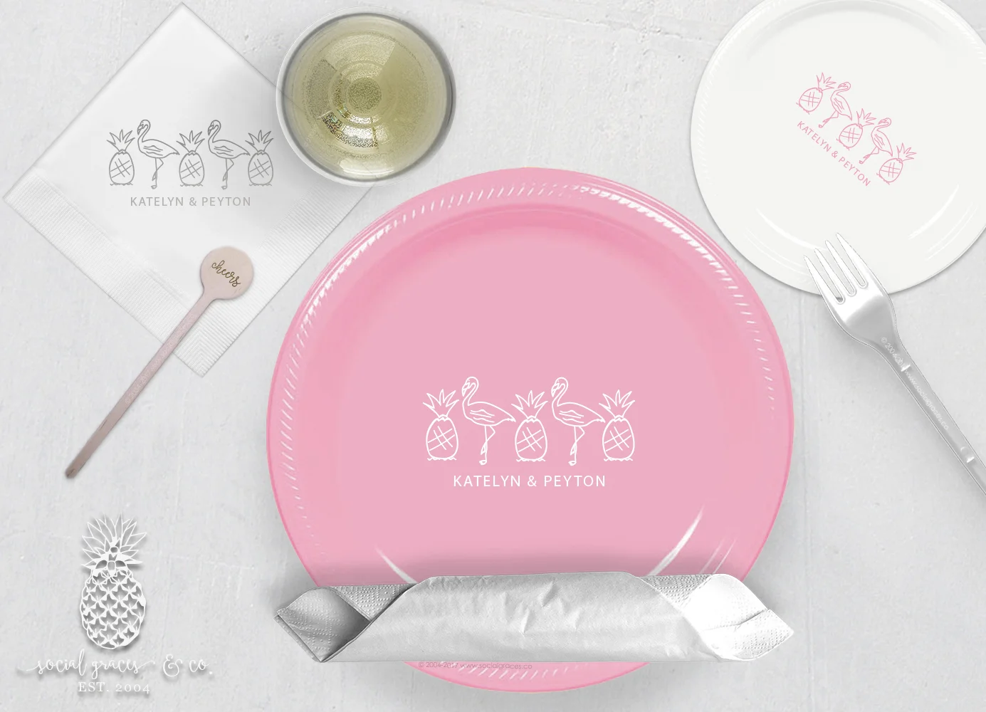 Plastic Round Party Plates - Pineapple Flamingo